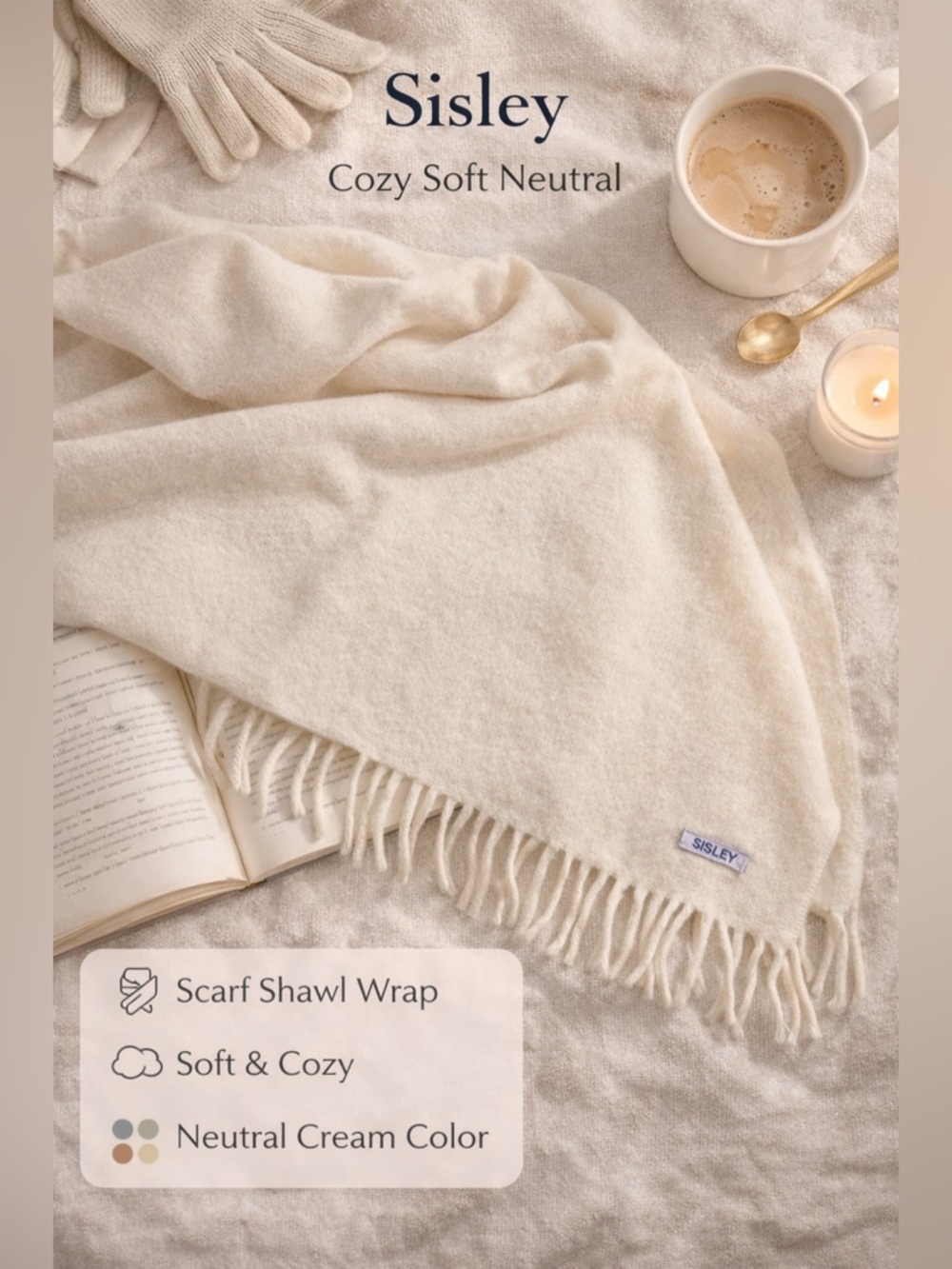 Sisley Cream Fringe Scarf Shawl Wrap Cozy Soft Neutral